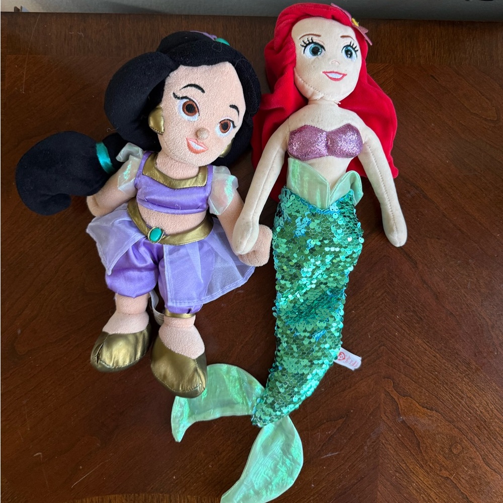 Disney Jasmine and Ariel Plush Dolls with Purple and Green Accents